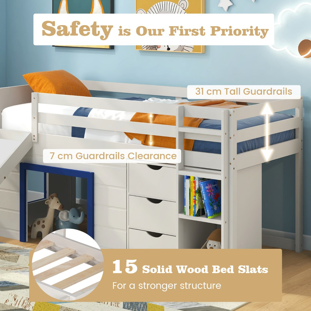 Single Size Pine Wood Loft Bed with Slide and Ladder and Game House-Blue