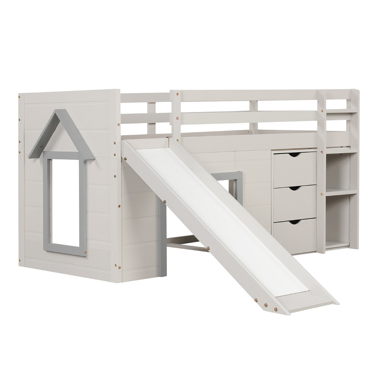 Single Size Pine Wood Loft Bed with Slide and Ladder and Game House-Grey