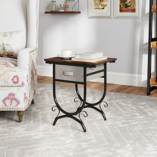 2-Tier Industrial Bedside Table with Fabric Drawer and Wood Top