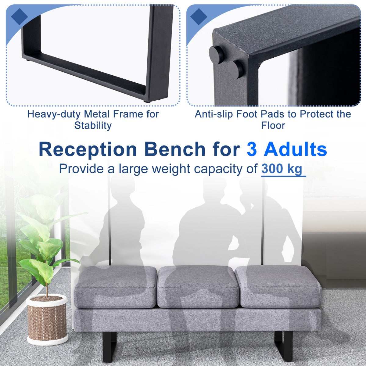 Waiting Room Bench Seating Long Bench with Metal Frame Leg-Gray