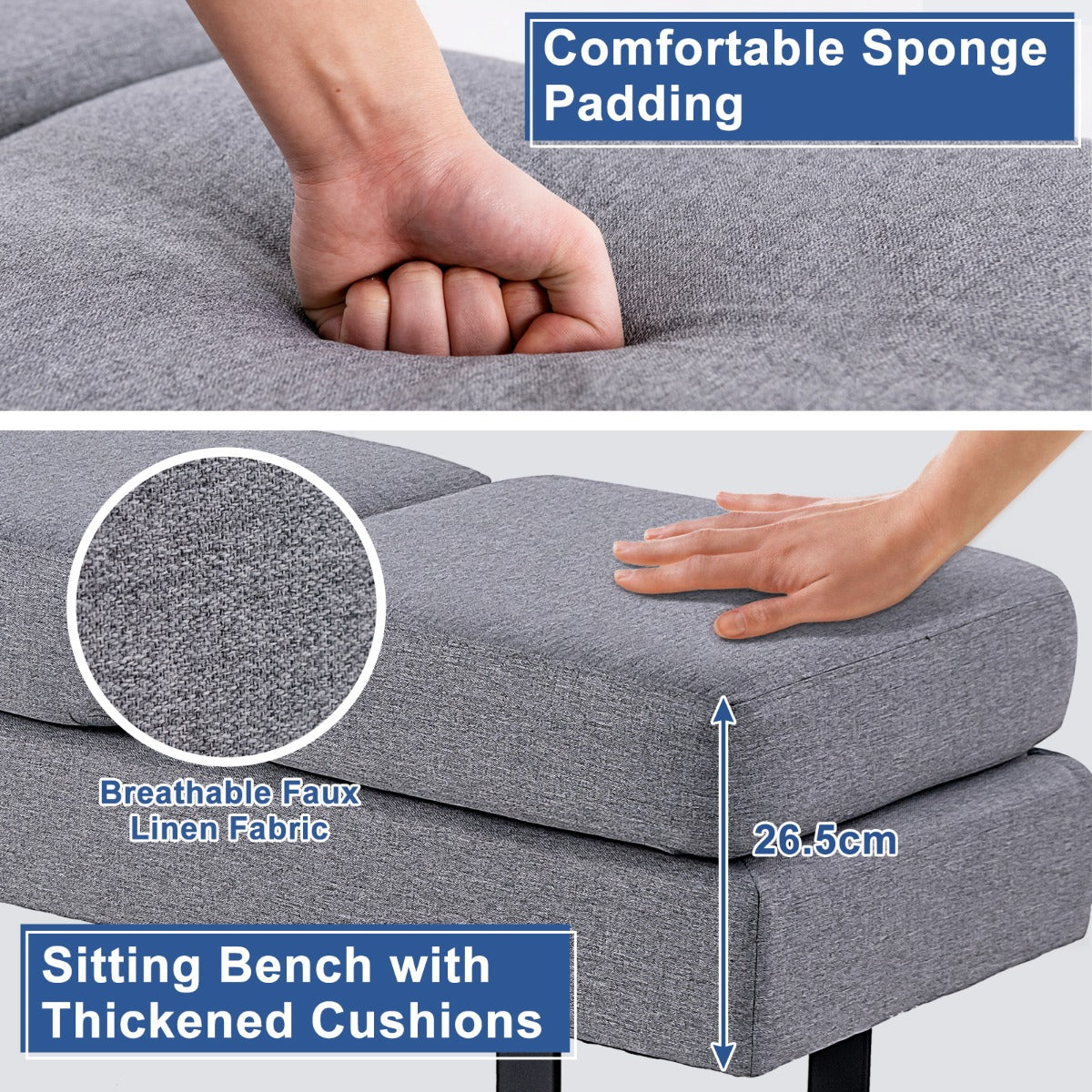 Waiting Room Bench Seating Long Bench with Metal Frame Leg-Gray