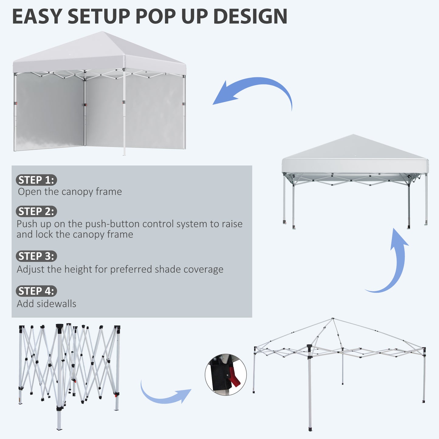 Outsunny 3 x 3 (M) Pop Up Altana, UPF 30+ z 2 ścianami bocznymi, workami na ciężarki na nogi i torbą na kółkach, namiot imprezowy z regulacją wysokości, schronienie na imprezy do ogrodu, na patio, biały