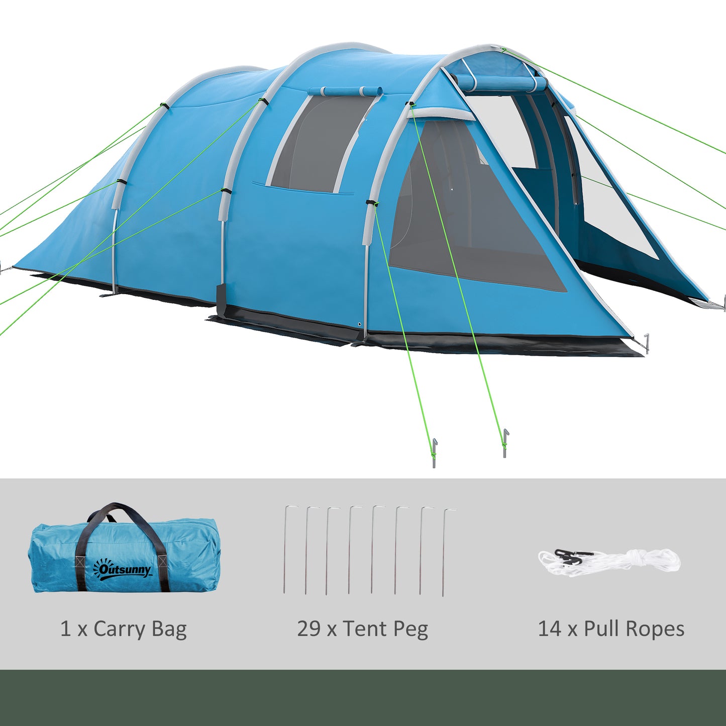 Outsunny 3-4 Man Tunnel Tent, dwupokojowy namiot kempingowy z oknami i pokrowcami, przenośna torba transportowa, do wędkowania, wędrówek, sportu, festiwali - niebieski