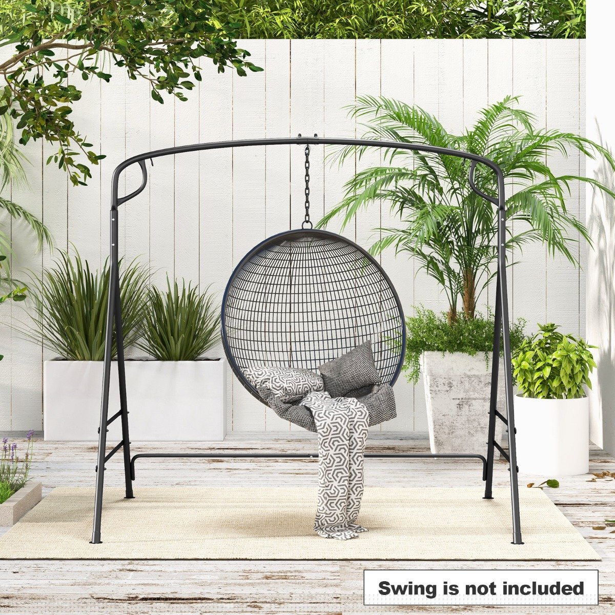 Outdoor Metal Swing Frame Sturdy A-Shaped Porch Swing Stand with Extra Side Bars-Black