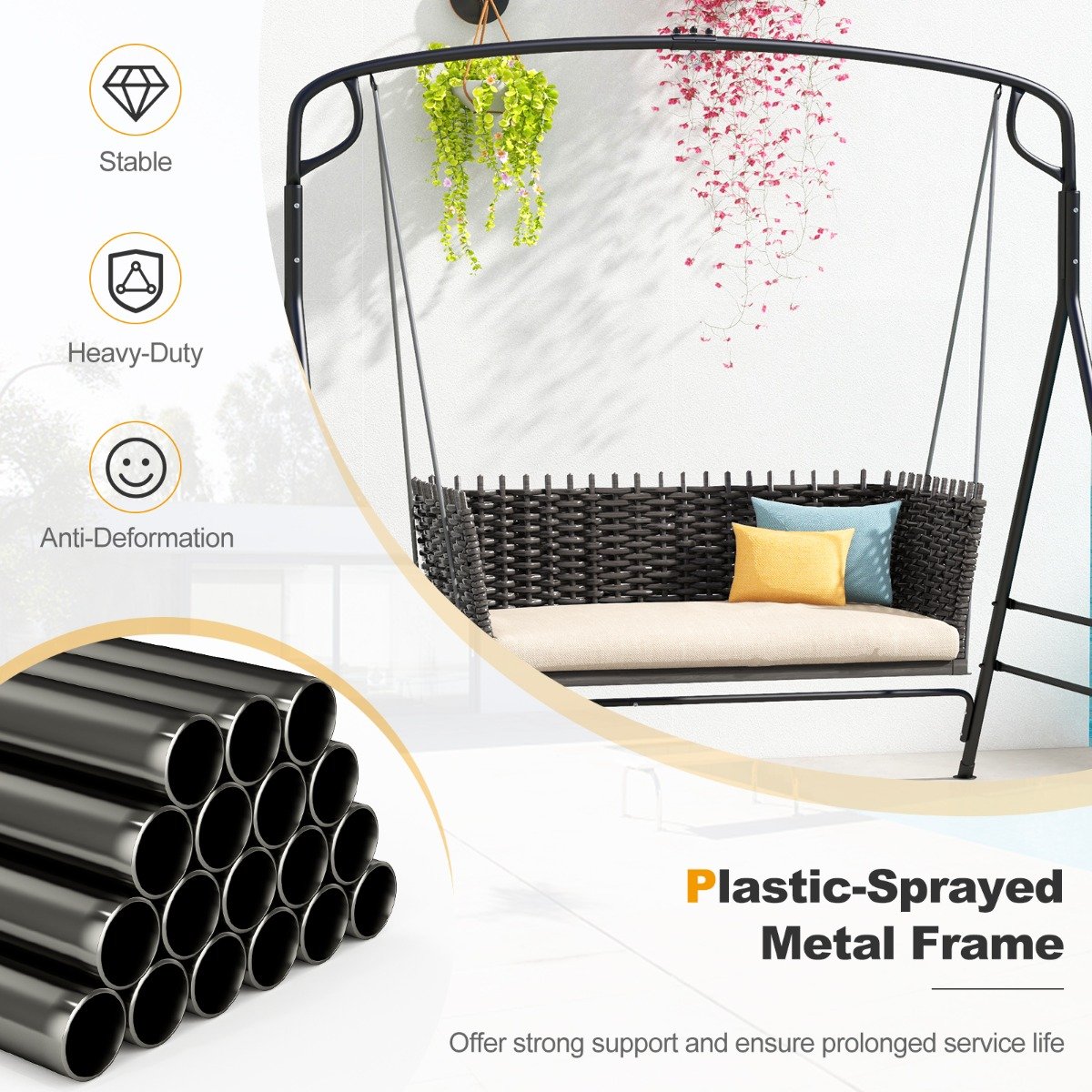 Outdoor Metal Swing Frame Sturdy A-Shaped Porch Swing Stand with Extra Side Bars-Black