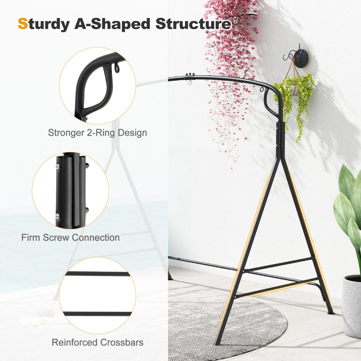 Outdoor Metal Swing Frame Sturdy A-Shaped Porch Swing Stand with Extra Side Bars-Black