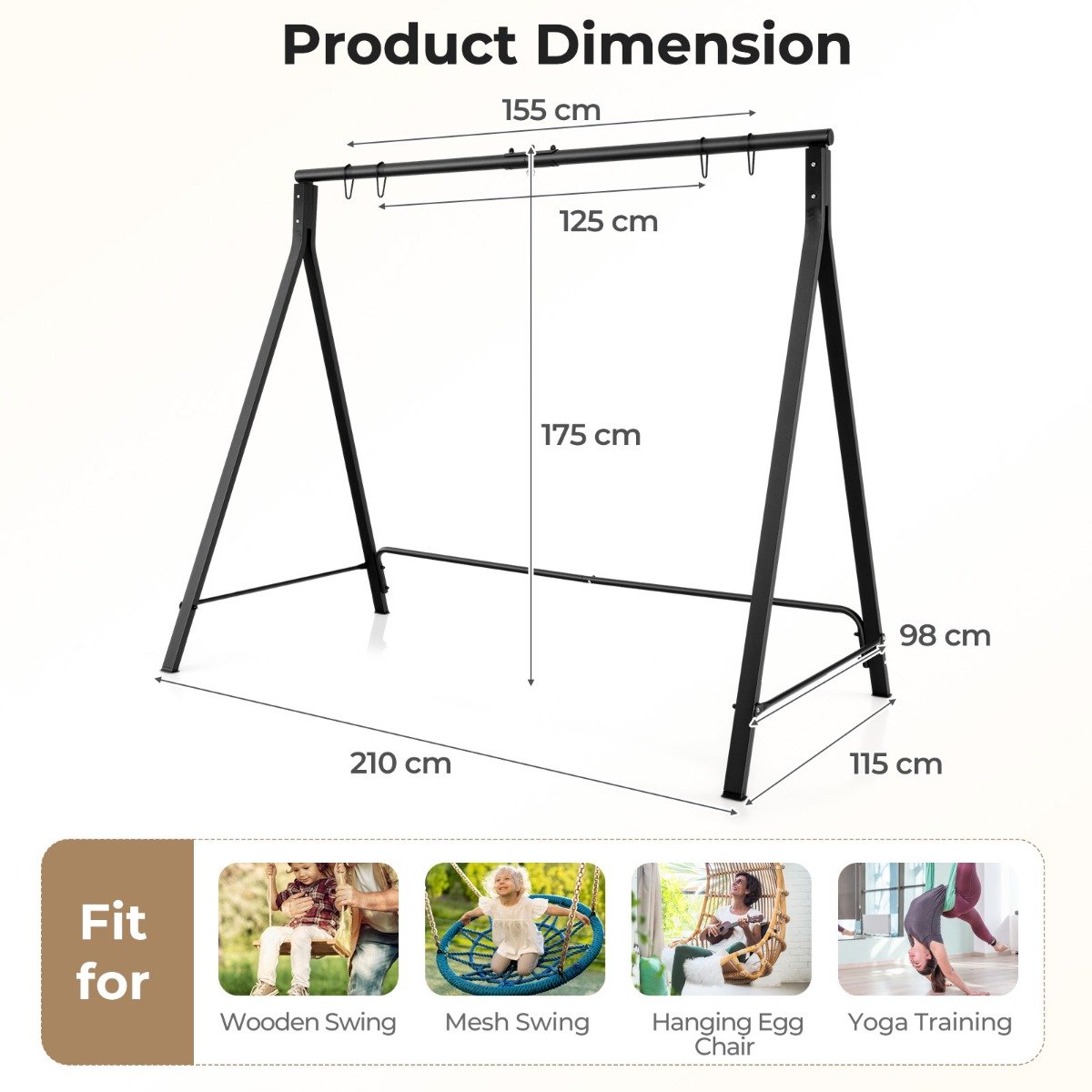 Porch Swing Frame Patio Metal Swing Stand with A-Shaped Structure-Black