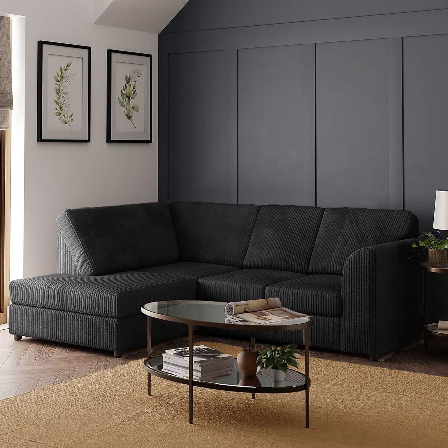 Narożna sofa Blake Full Back Silver Jumbo Cord z podłokietnikiem po prawej i lewej stronie – dostępna w innych kolorach
