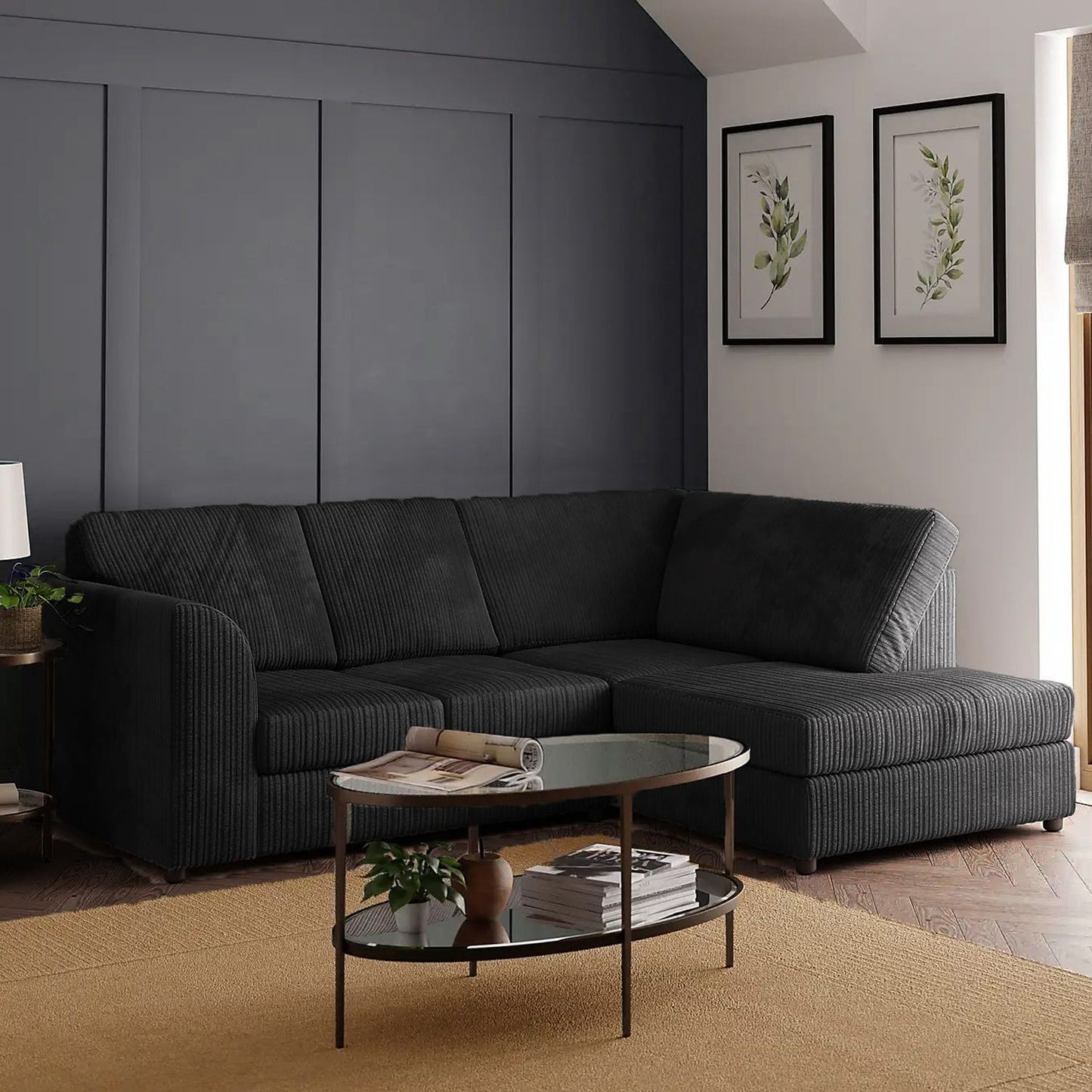 Sofa narożna Blake Full Back Silver Jumbo Cord - lewy i prawy podłokietnik - dostępna w innych kolorach