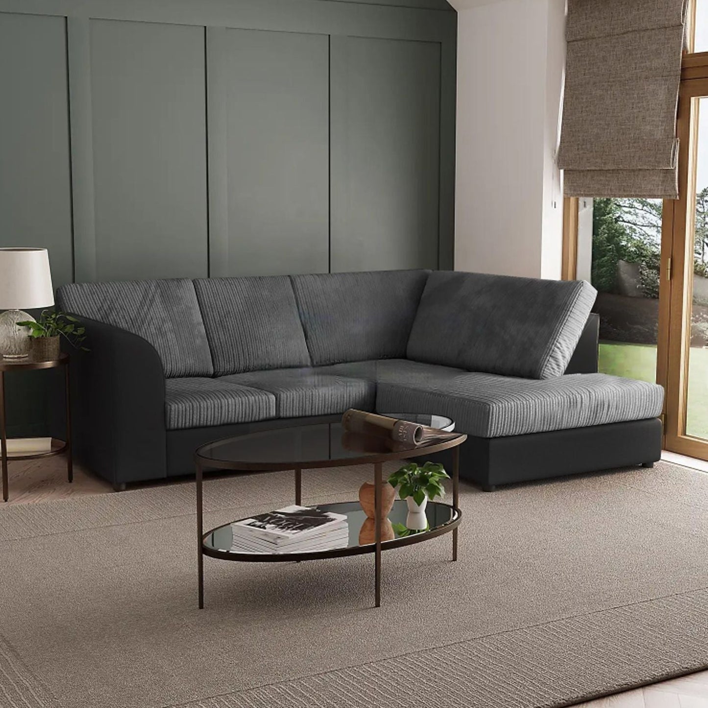 Sofa narożna Blake Full Back Black Jumbo Cord - podłokietnik po prawej i lewej stronie - dostępna w innych kolorach
