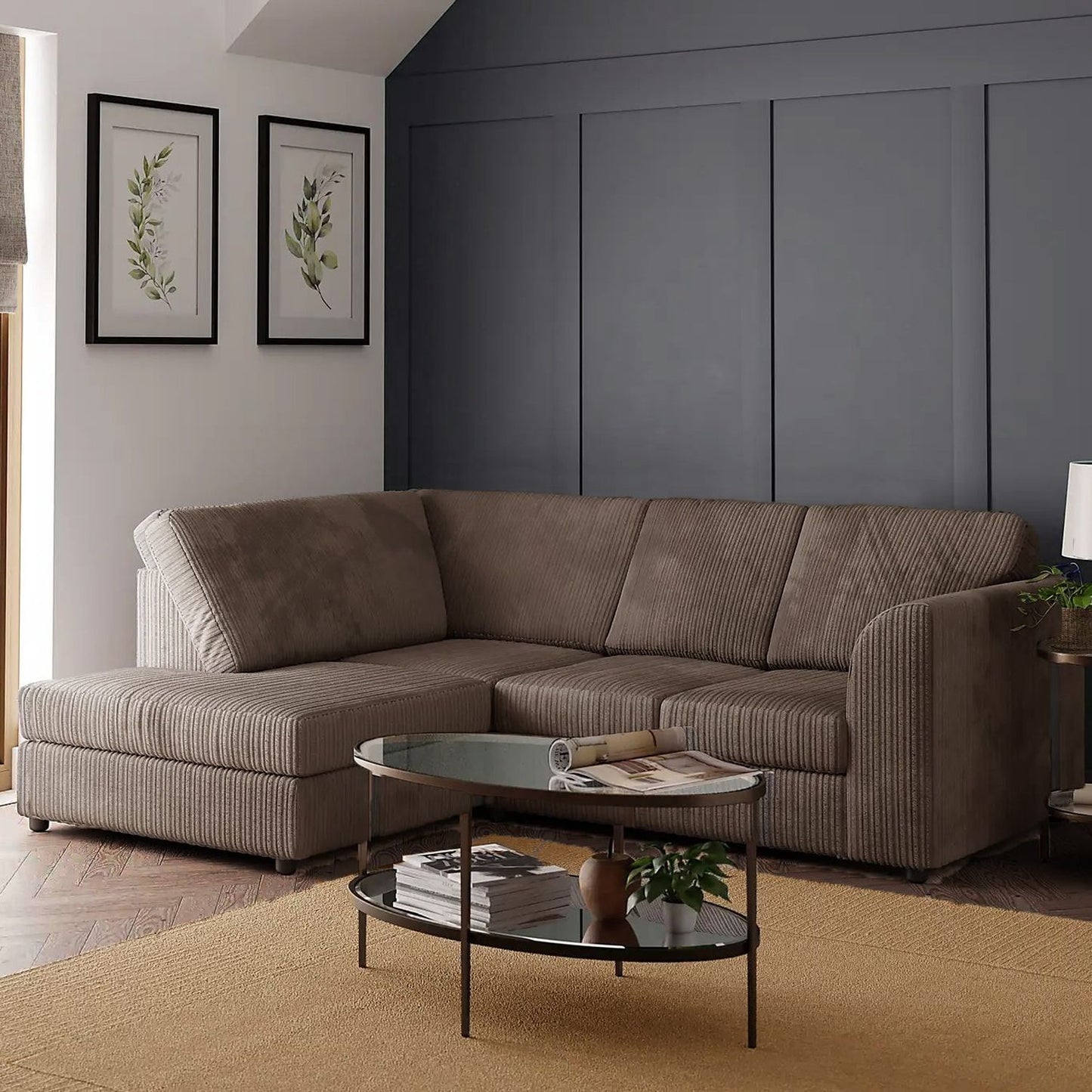 Sofa narożna Blake Full Back Silver Jumbo Cord - lewy i prawy podłokietnik - dostępna w innych kolorach