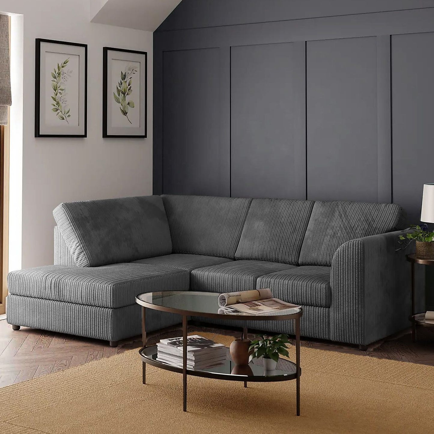 Sofa narożna Blake Full Back Grey Jumbo Cord - podłokietnik po prawej i lewej stronie - dostępna w innych kolorach