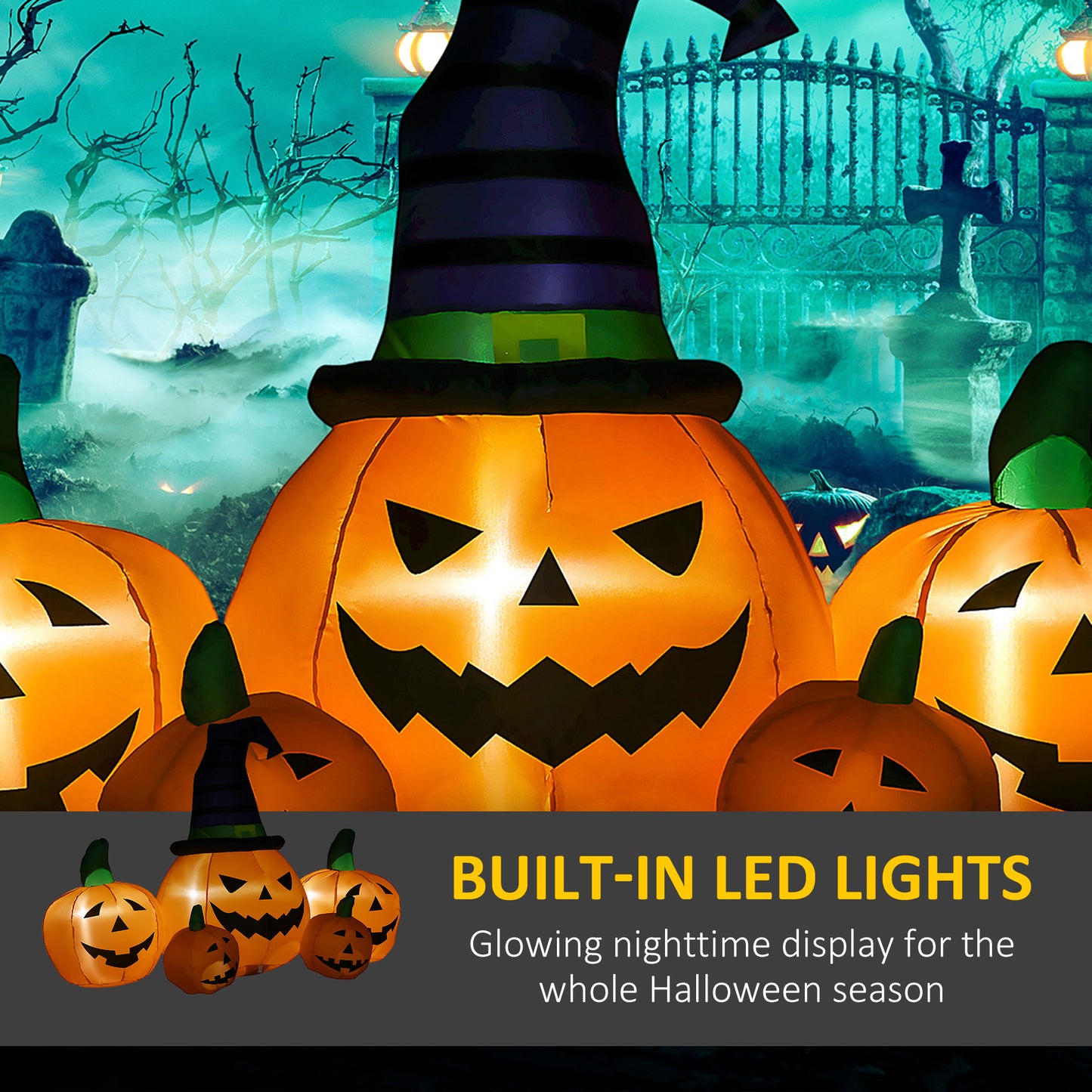 Outsunny 6ft nadmuchiwana duża dynia na Halloween w kapeluszu z czterema małymi dyniami, nadmuchiwany zewnętrzny wyświetlacz LED na trawnik, do ogrodu, na imprezę
