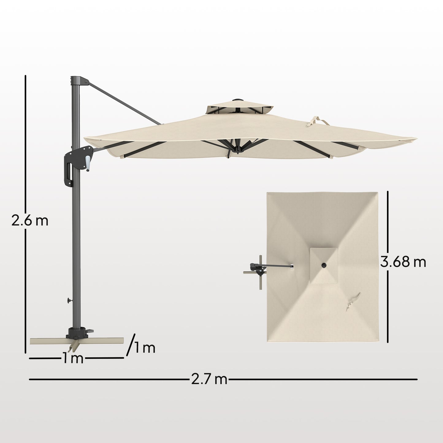 Outsunny 3.7 x 2.7 m Cantilever Parasol w/ 360° Rotation and Easy Tilt Adjustment, Aluminium Hanging Offset Outdoor Umbrella w/ Double Top and Cross Base, UPF50+ Hanging Sun Shade, Black