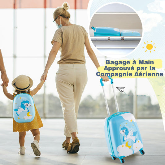 2 Pieces Kids Luggage Set with Wheels and Height Adjustable Handle-Light Blue