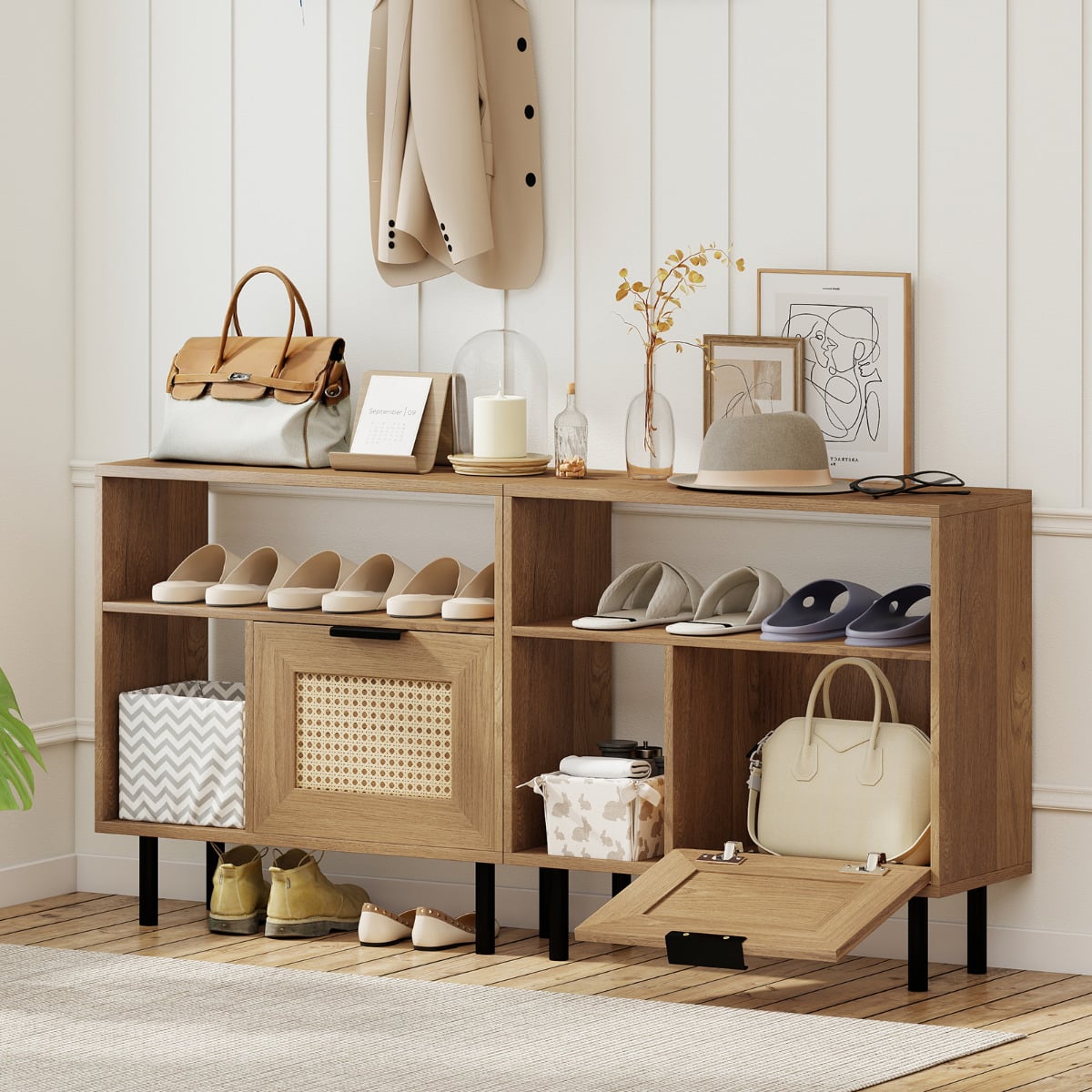 Boho Rattan Side End Table with Open Storage Shelf and Cabinet-Natural