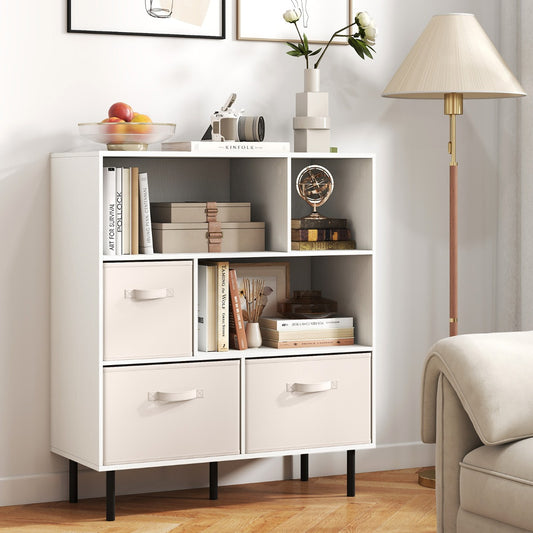 3-Tier Bookcase with 3 Removable Folding Fabric Drawers-White