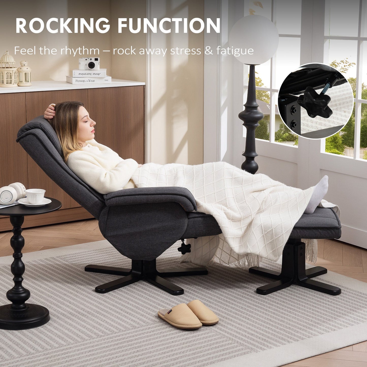 HOMCOM Rocker Swivel Recliner Chair with Footstool - Charcoal Grey Linen