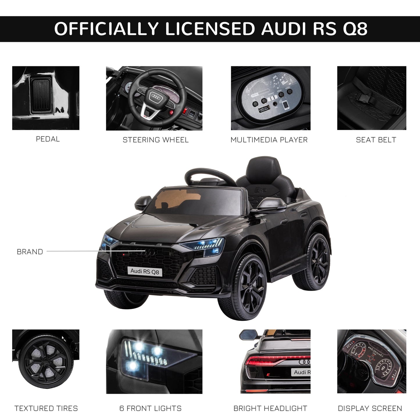 HOMCOM Audi RS Q8 Licensed 6V Kids Electric Ride On Car Toy Car with Remote Control Music Lights USB MP3 for 3-5 Years Old Black