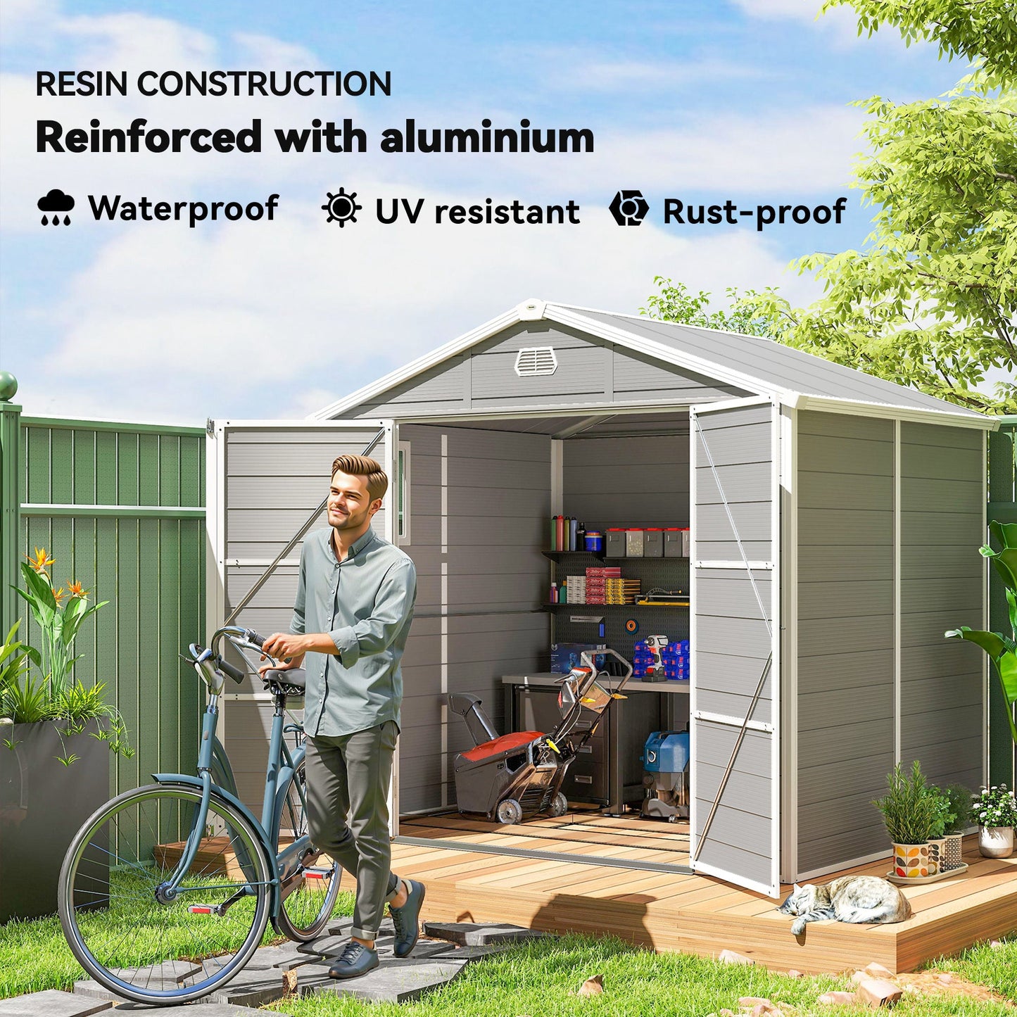 Szopa Outsunny 7,9 x 6,2 stopy, aluminiowa, z ramą i plastikową ścianą, z fundamentem - jasnoszara