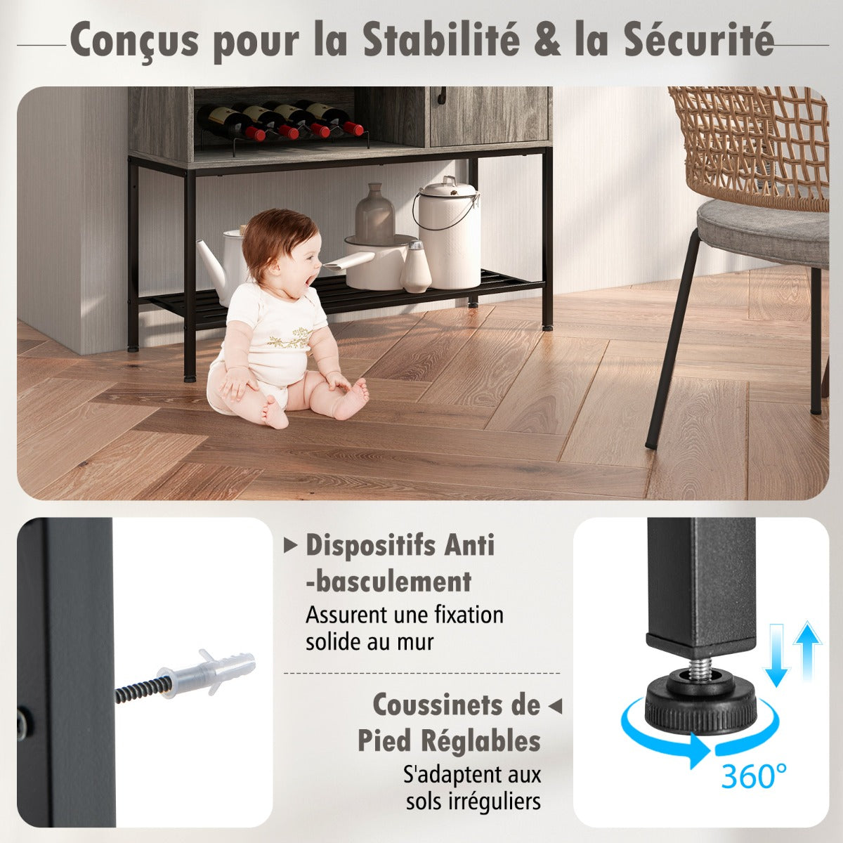 Sideboard Buffet Cabinet with Wine Racks and Storage Shelves-Grey