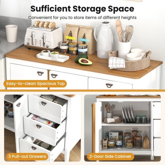 Wooden Kitchen Buffet Cabinet with 2 Door and 3 Pull-out Drawers-White