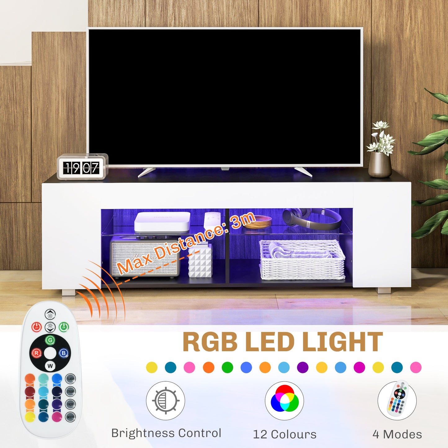HOMCOM Szafka pod TV Multi-Shelf z regulowanymi światłami LED - biała