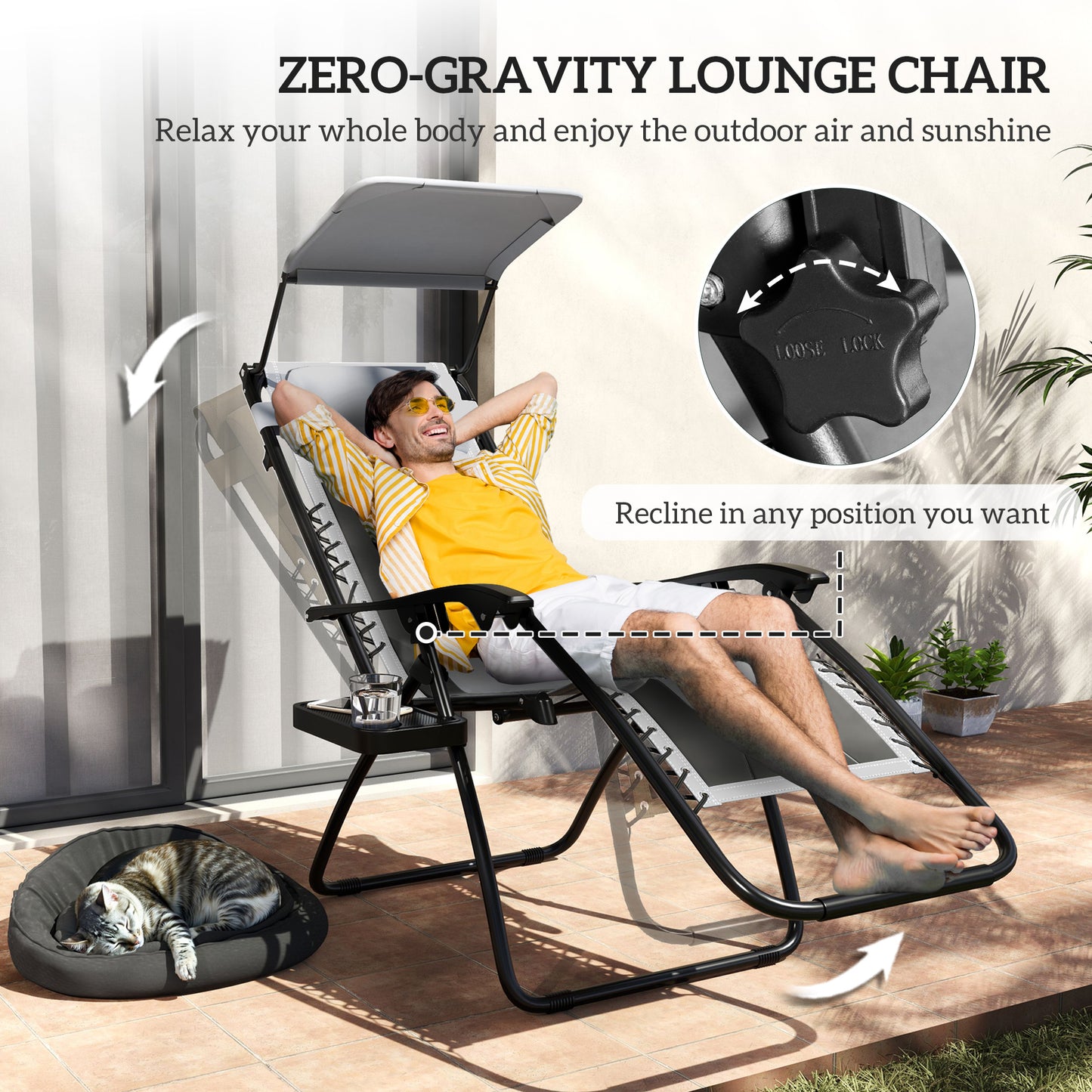 Zestaw 2 składanych leżaków Outsunny Zero Gravity, rozkładany leżak ogrodowy z osłoną przeciwsłoneczną, wyściełanym siedziskiem, uchwytem na kubek, miękką poduszką i zagłówkiem, do użytku przy basenie, kempingowy, jasnoszary