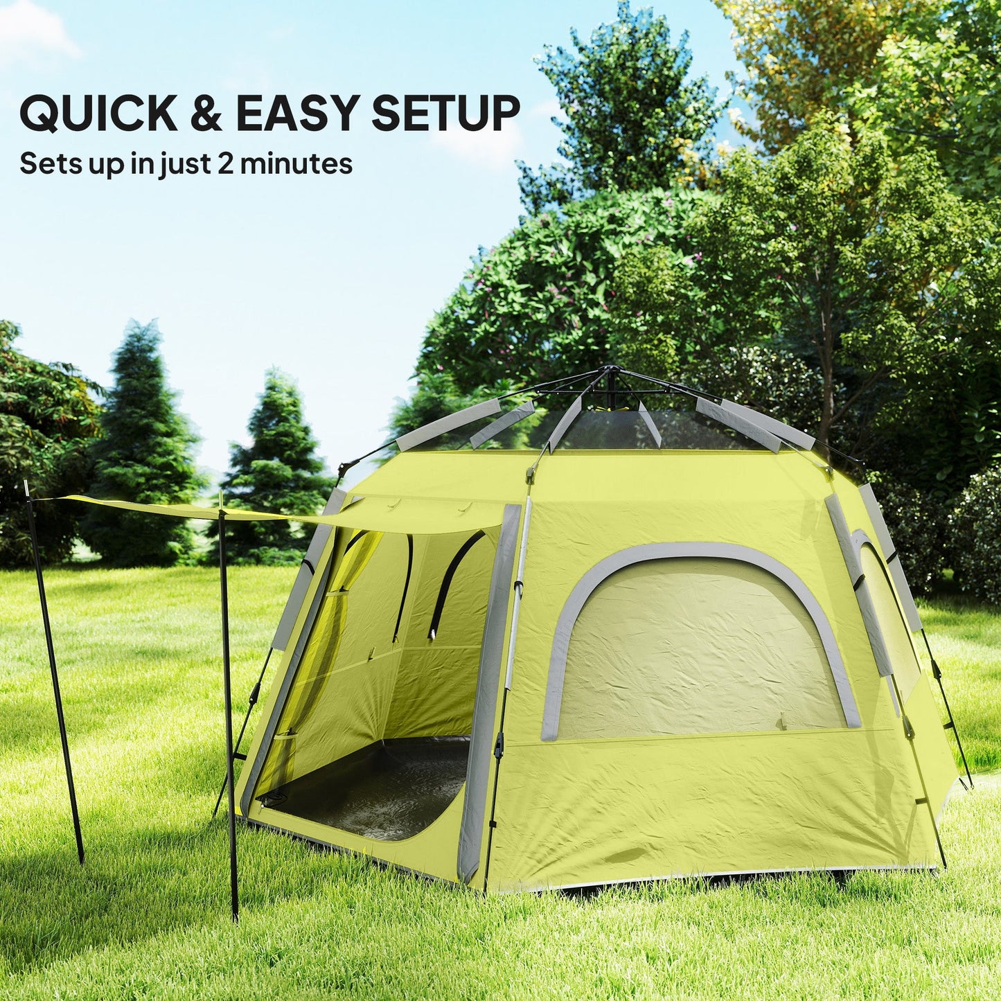 Outsunny Instant Pop Up Camping Tent, 2/3/4 osobowy łatwy w rozkładaniu namiot rodzinny z przedsionkiem, tropikiem, 4 oknami z siatki i 2 drzwiami, sześciokątny design, wodoodporny i z ochroną UV, żółto-zielony