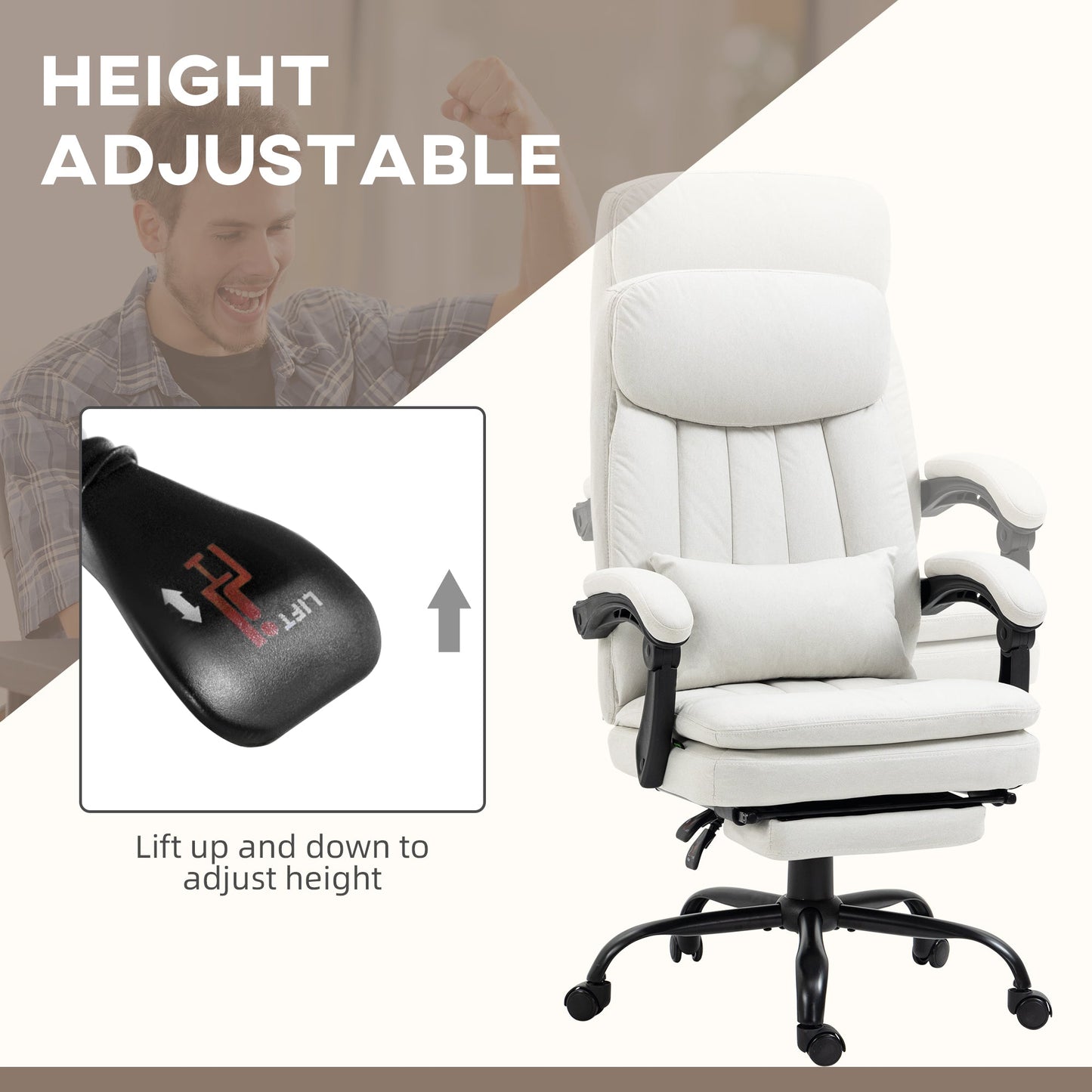 Vinsetto Office Chair, Ergonomic Desk Chair with 6-Point Vibration Massage and Lumbar Heating, Computer Chair with Lumbar Support Pillow, 155 Reclining Back and Footrest, Cream White