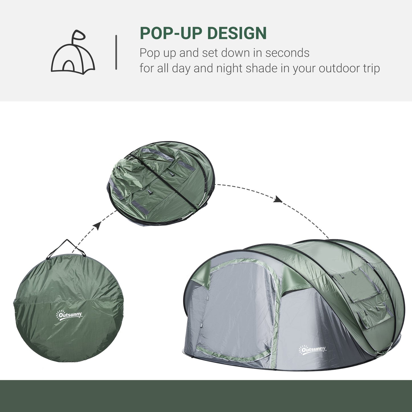 Outsunny 4-5 Person Pop-up Camping Tent Waterproof Family Tent w/ 2 Mesh Windows & PVC Windows Portable Carry Bag for Outdoor Trip, Dark Green