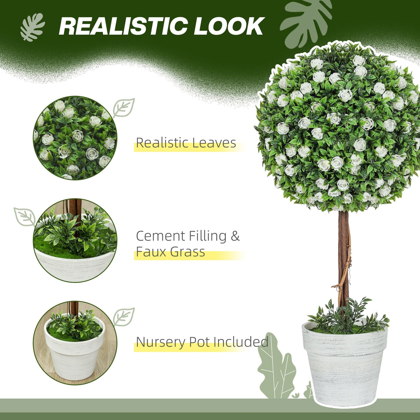 HOMCOM Zestaw 2 dekoracyjnych sztucznych roślin, drzewo topiary z kwiatem róży w doniczce, sztuczne rośliny do dekoracji wnętrz i na zewnątrz, 60 cm, biały
