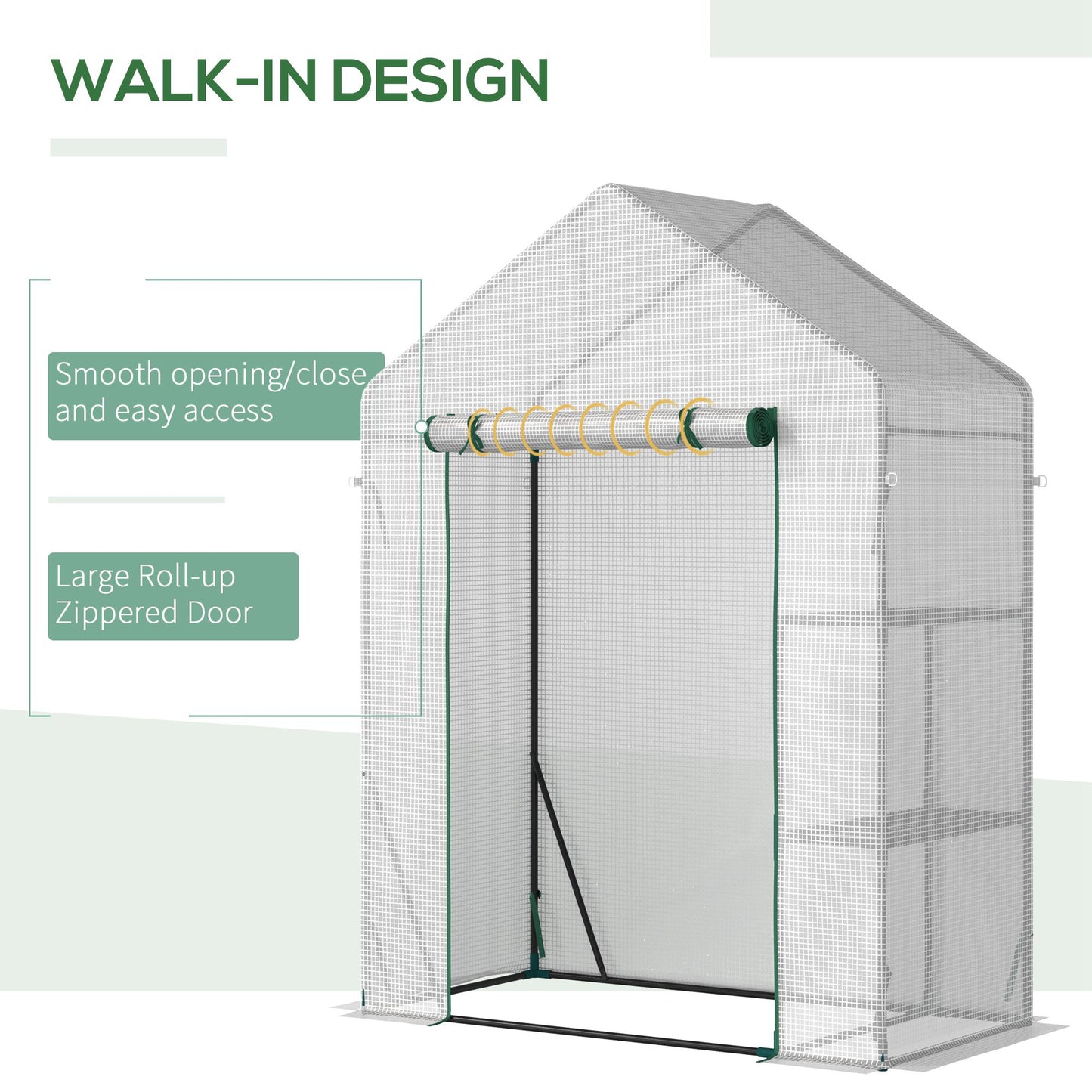 Outsunny Walk In Greenhouse z 2-poziomową półką, przenośna szklarnia do uprawy roślin, pomidorowa szklarnia z rolowanymi drzwiami z zamkiem błyskawicznym, wzmocniona osłona z PE, 143 x 73 x 195 cm, zielona