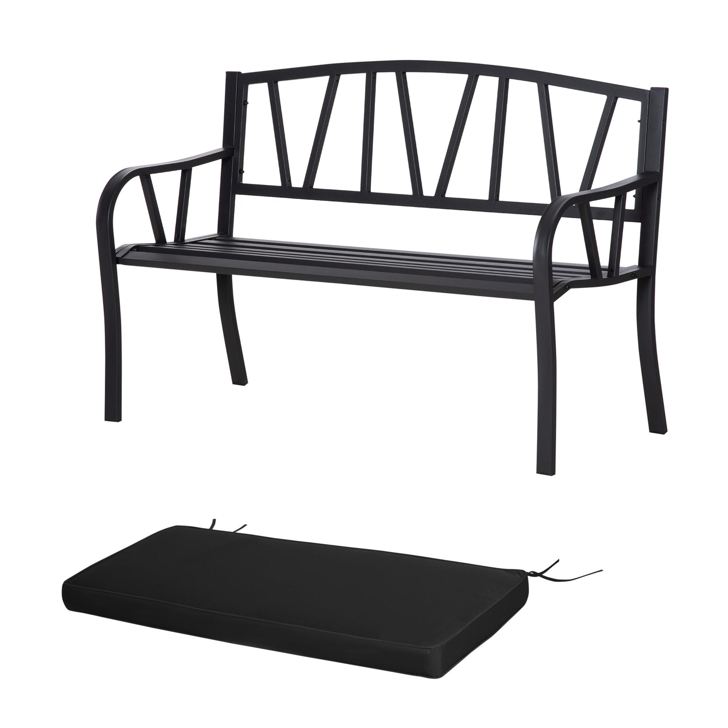Ławka ogrodowa Outsunny 2-osobowa z poduszką, metalowa sofa dwuosobowa, krzesło parkowe z listewkami, ozdobne oparcie i podłokietniki, kolor czarny