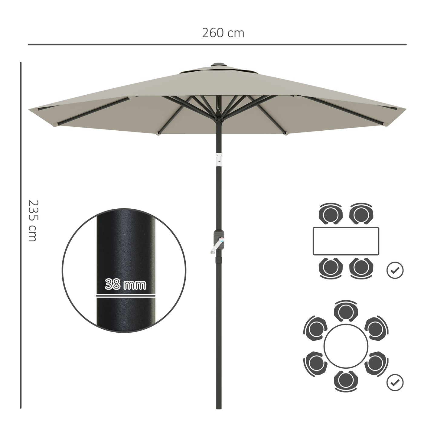 Outsunny 2.6M Parasol ogrodowy z pochylanym i korbowym uchwytem, zewnętrzny parasol przeciwsłoneczny z aluminiową ramą, jasnoszary