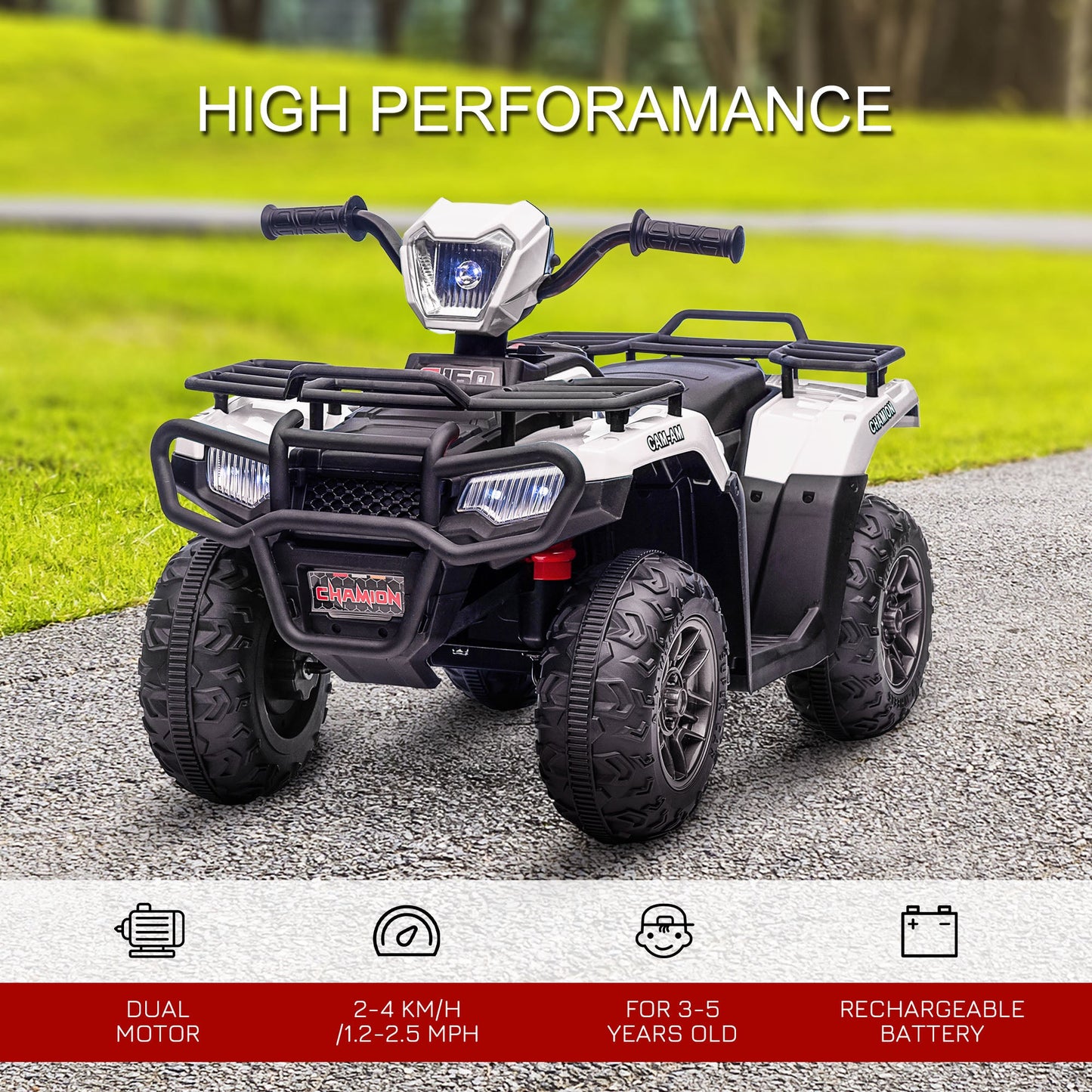 HOMCOM 12V Quad dla dzieci z funkcjami jazdy do przodu i do tyłu, jeździk ATV z muzyką, diodami LED, reflektorami, dla dzieci w wieku 3-5 lat - biały