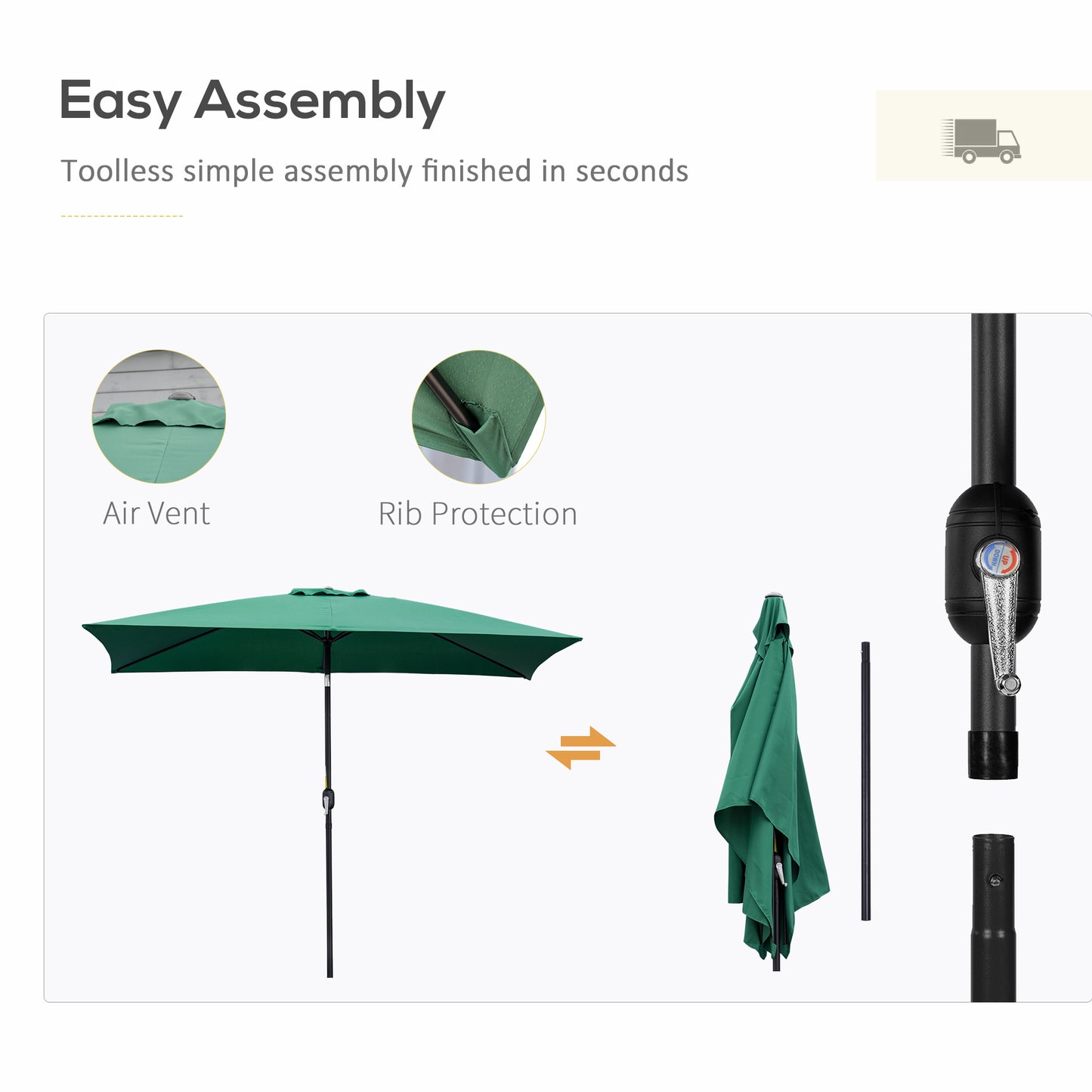 Outsunny 3x2m Patio Parasol ogrodowy Baldachim z aluminiową korbą odchylaną Prostokątny osłona przeciwsłoneczna Stal, zielony