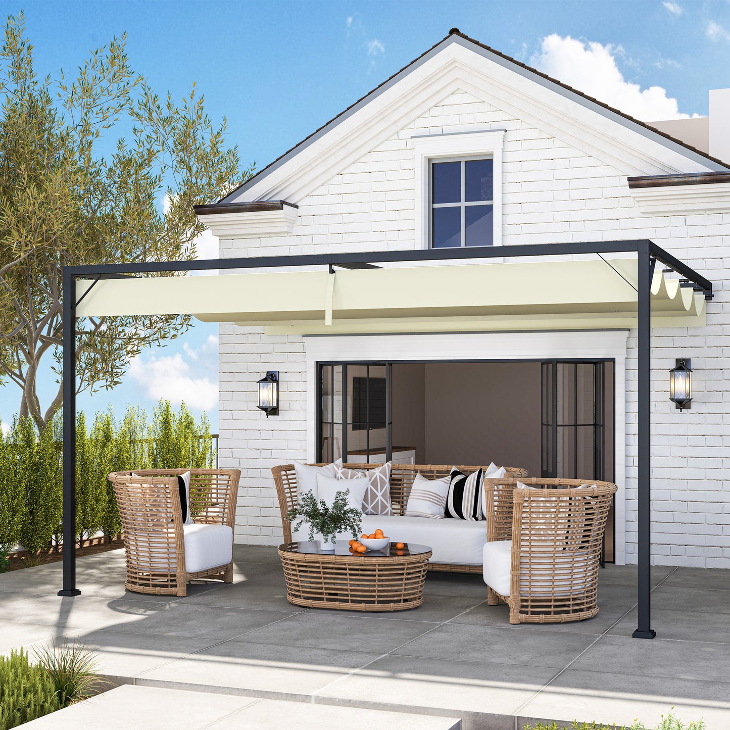 Outsunny 4 x 3(m) Pergola zewnętrzna z chowanym baldachimem, montowana na ścianie, zadaszenie tarasu, osłona przeciwsłoneczna, kremowo-biała