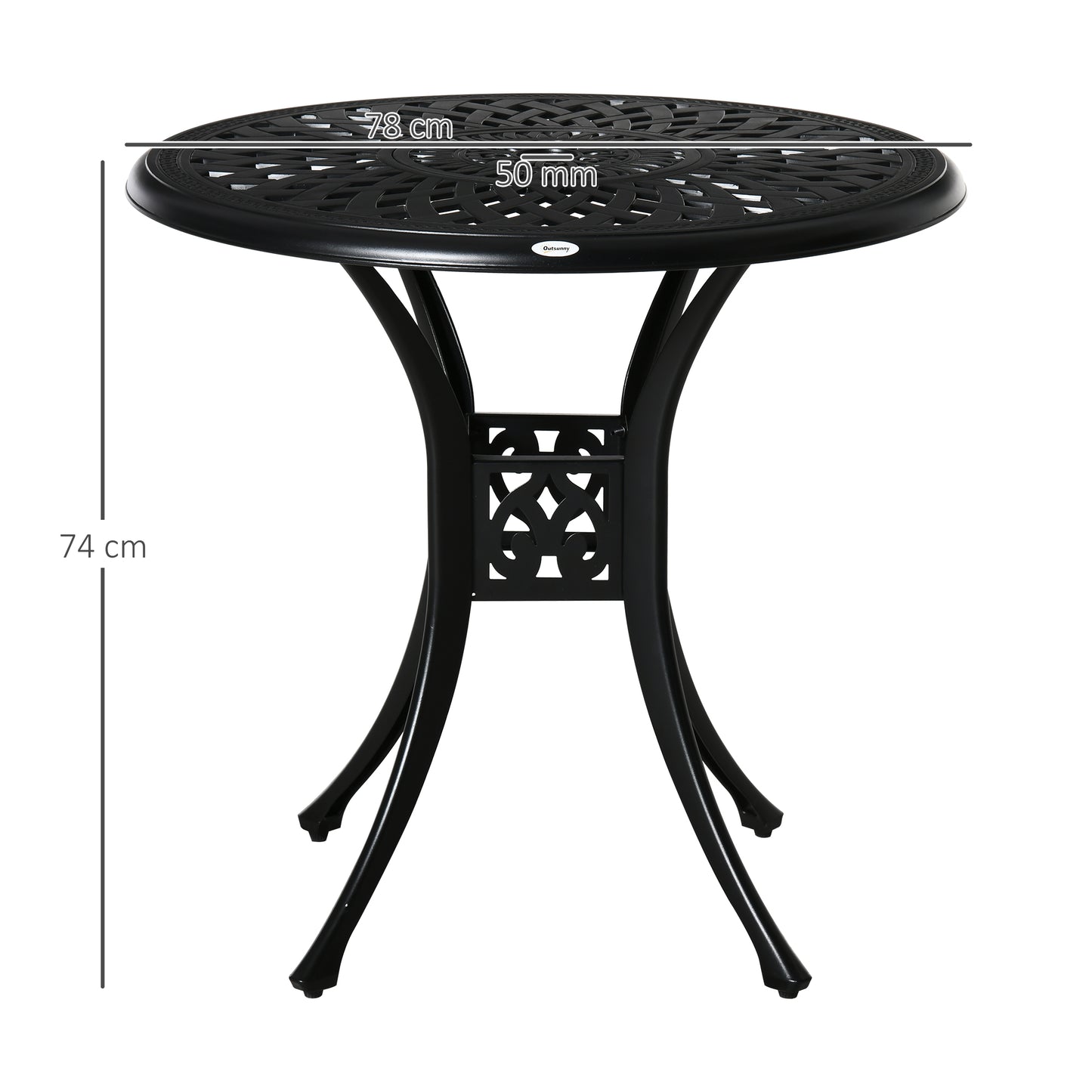 Outsunny 78 cm Okrągły Stół Ogrodowy Jadalny z Otworem na Parasol Antyczny Odlew Aluminiowy Tylko Stół Zewnętrzny, Czarny