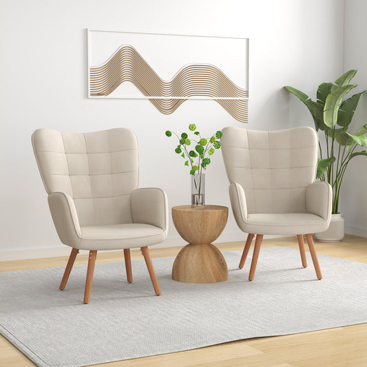 HOMCOM Modern Accent Chair Set of 2 Velvet-Touch Tufted Wingback Armchair Upholstered Leisure Lounge Sofa Club Chair with Wood Legs, Cream White