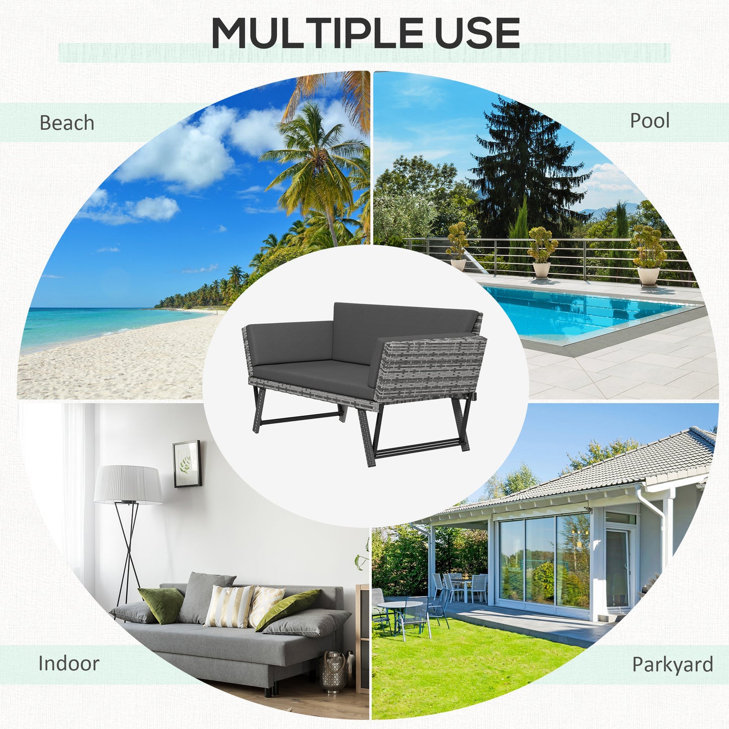 Sofa Outsunny 2-osobowa z rattanu z poduszkami, 2-w-1 z rattanu PE z podłokietnikami lewostronnymi w górę lub w dół, ogrodowa leżanka dwuosobowa na zewnątrz, patio, mieszany szary