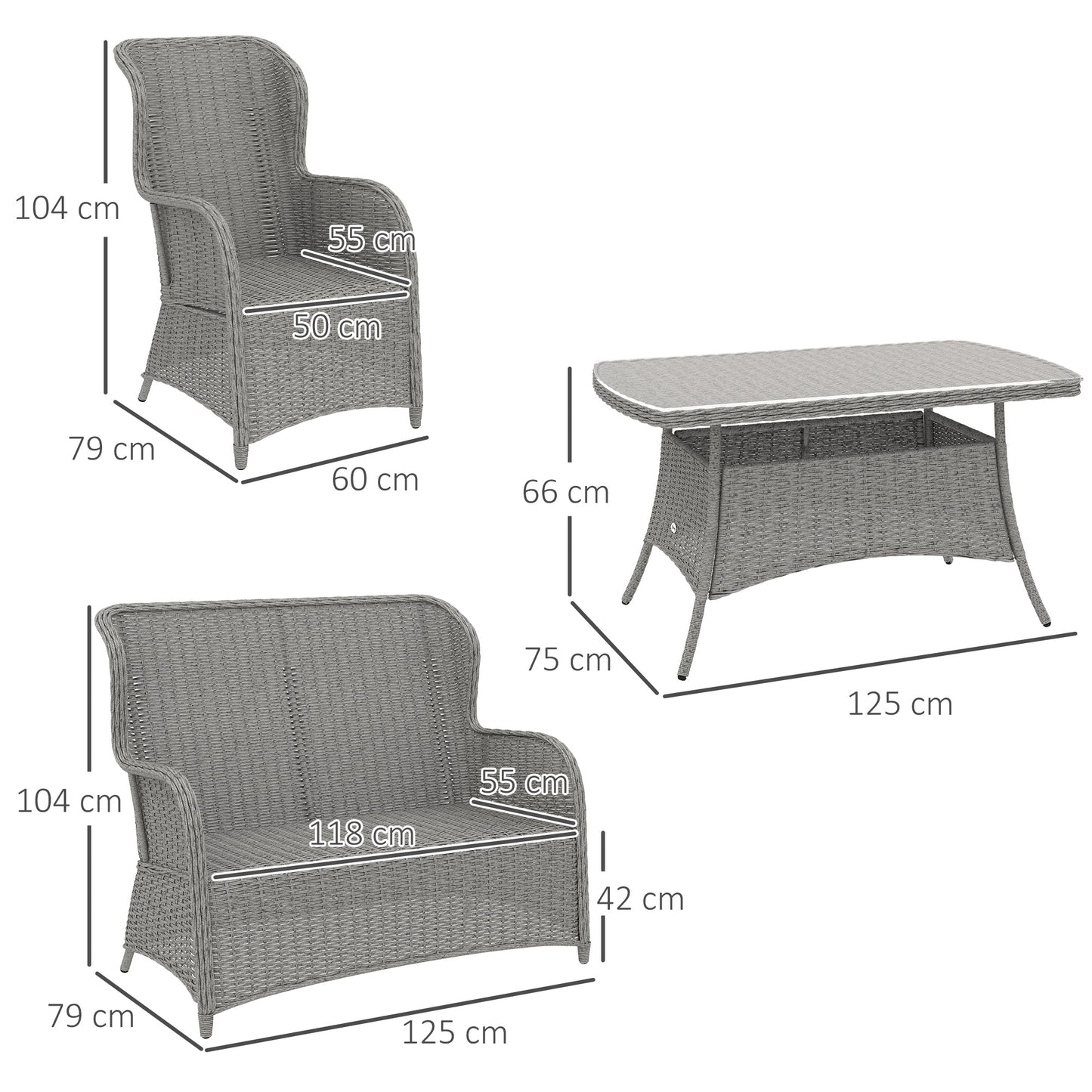 Outsunny Garden PE Rattan Dining Sofa Set, Outdoor 4 Seater Wicker Furniture, High Back Chairs with Cushions, Hartowane szkło stolik kawowy na patio, jasnoszary