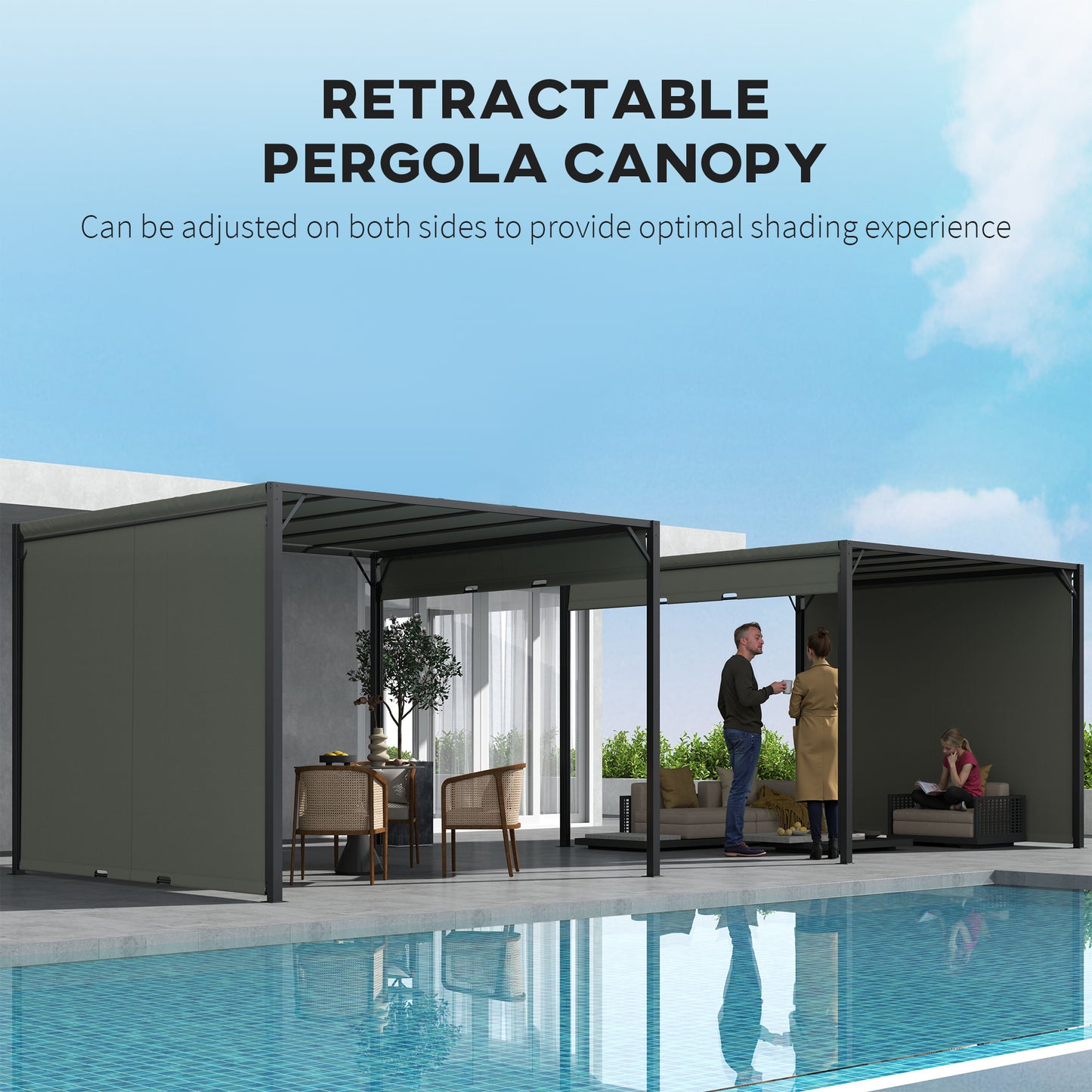 Outsunny 3 X 3 metry pergola z rozsuwanym dachem, altana ogrodowa z regulowanym daszkiem przeciwsłonecznym i stalową ramą, antracyt