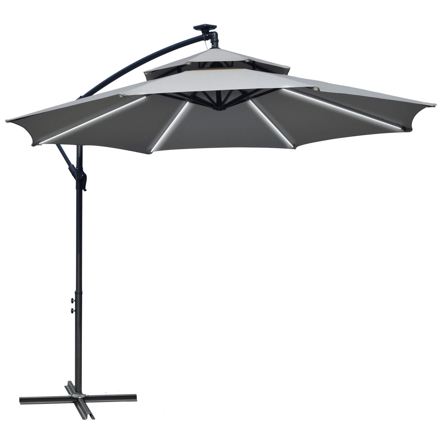 Outsunny 3(m) Cantilever Banana Parasol wiszący z podwójnym dachem, światłami LED Solar, korbą, 8 wytrzymałymi żebrami i podstawą krzyżową do użytku na zewnątrz, w ogrodzie, na patio, jasnoszary
