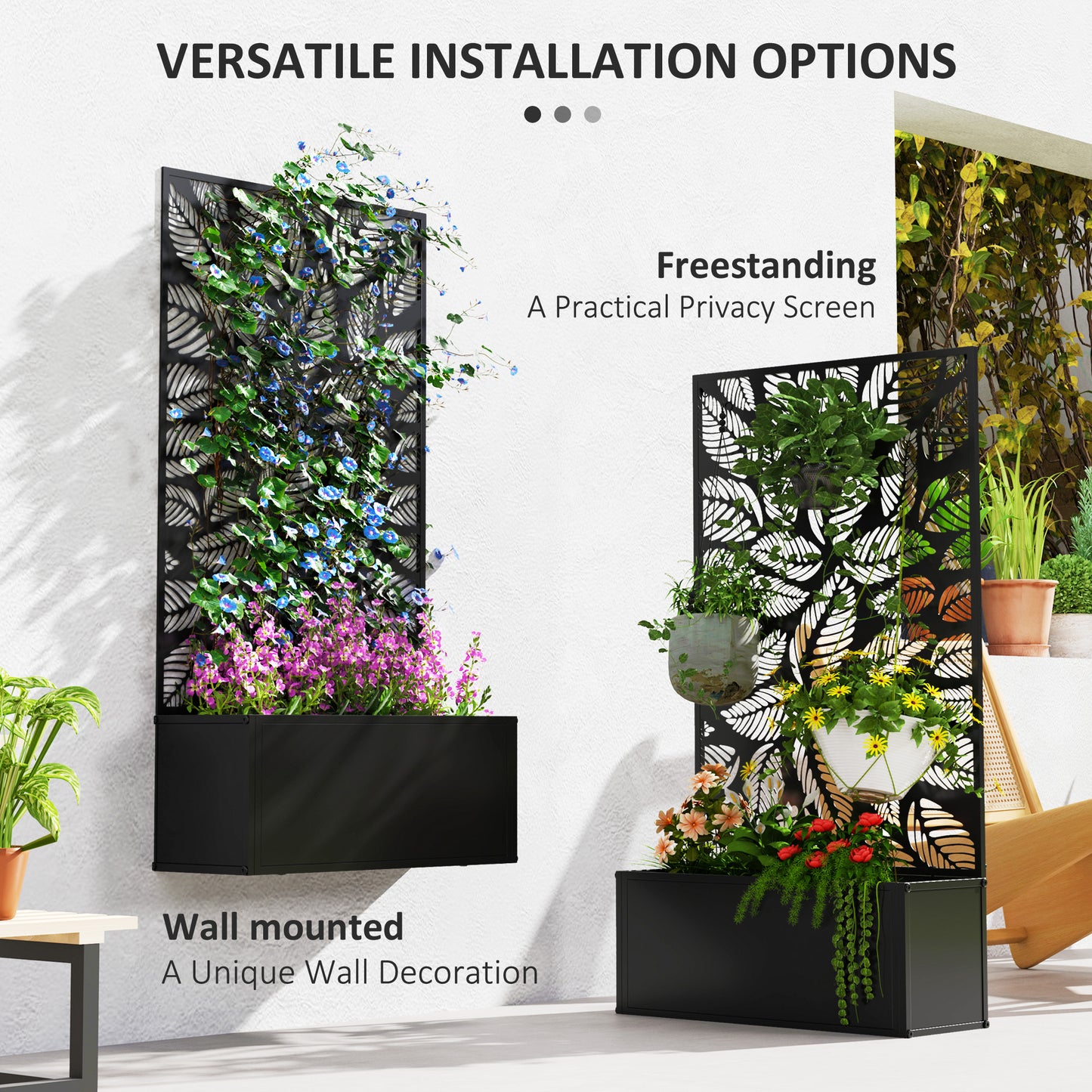 Outsunny Outdoor Metal Planter, with Back Trellis - Black