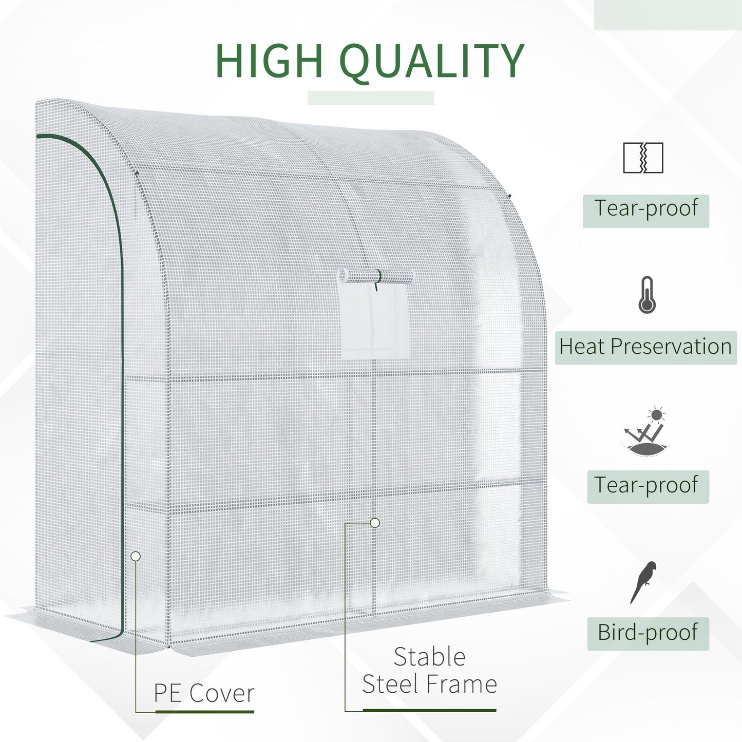 Szklarnia Outsunny Walk-In Lean to Wall z oknami i drzwiami 2 poziomy 4 półki druciane 200L x 100W x 215Hcm biała
