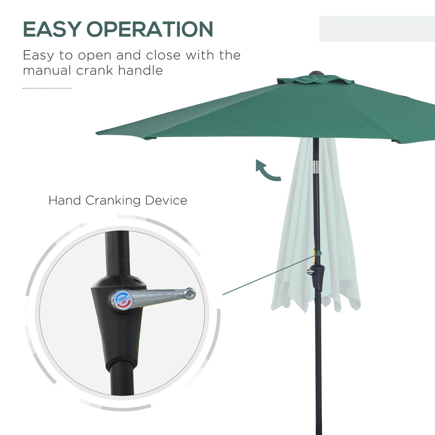 Outsunny 2,6M Parasol ogrodowy z pochyleniem i korbą, zewnętrzny parasol przeciwsłoneczny z aluminiową ramą, zielony