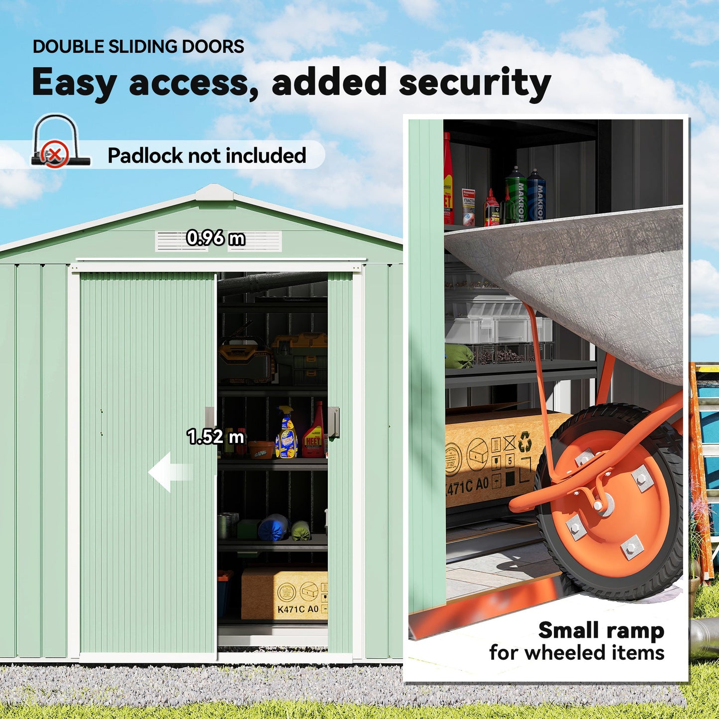 حظيرة حديقة معدنية من Outsunny مقاس 7 × 4 أقدام، منزل تخزين خارجي للأدوات مع فتحات تهوية ومجموعة أساس وأبواب مزدوجة قابلة للقفل، باللون الأخضر الفاتح