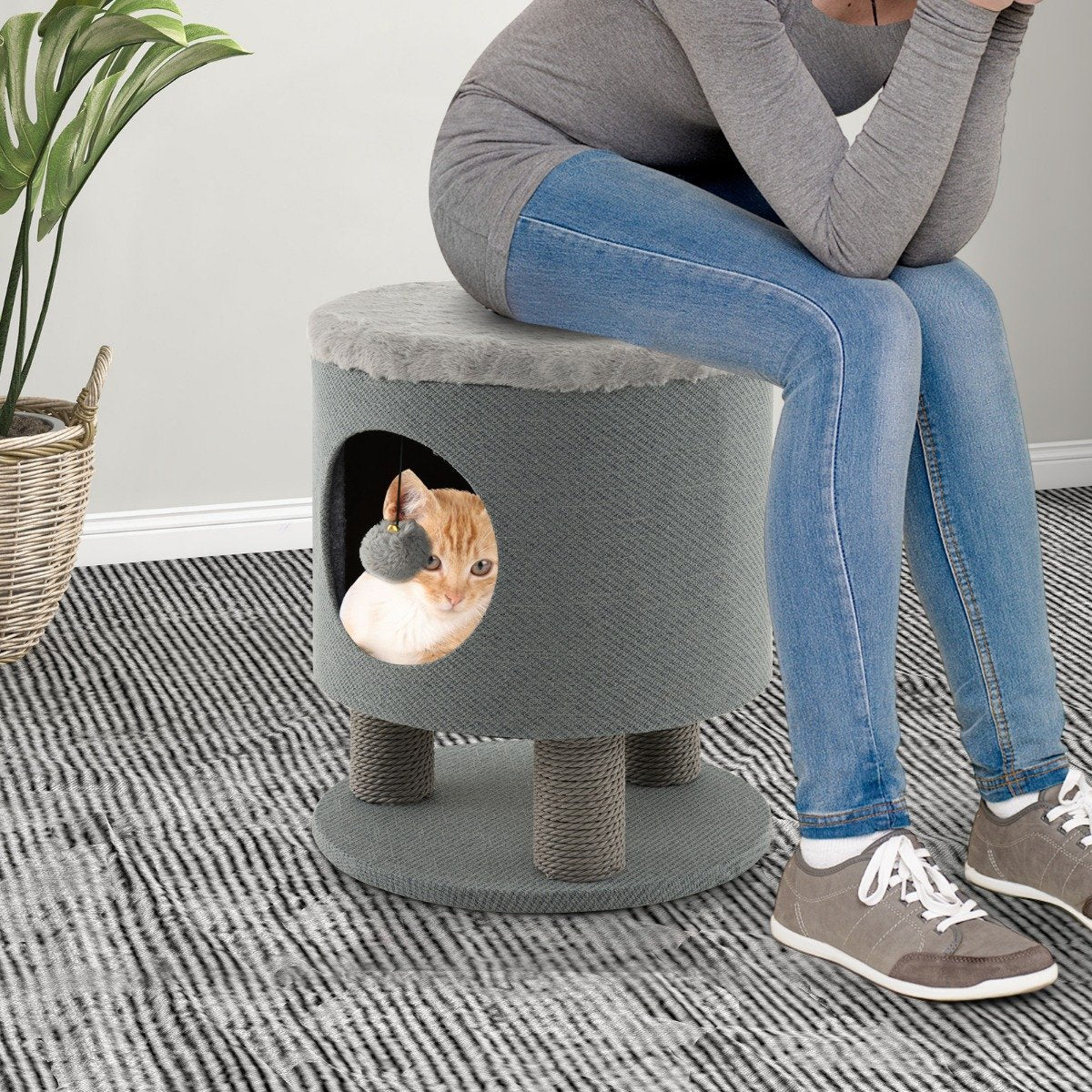 Cat Condo Stool for Indoor Cats with Scratching Posts and Plush Ball Toy-Grey