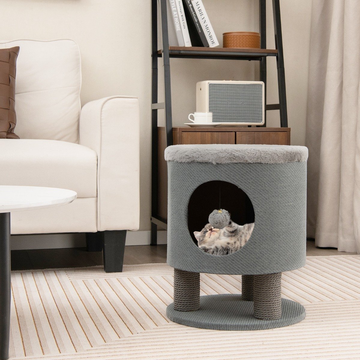 Cat Condo Stool for Indoor Cats with Scratching Posts and Plush Ball Toy-Grey